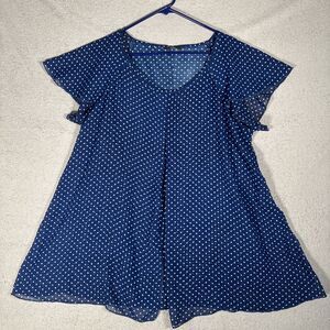 Cocomo Top Women Size XL Blue White Polka Dots Flutter Sleeve Hippie‎ Boho Flowy